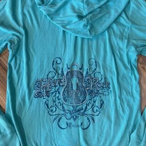 Hard Rock Hotel Tulsa Turquoise Blue Zip up hoodie sz medium lightweight